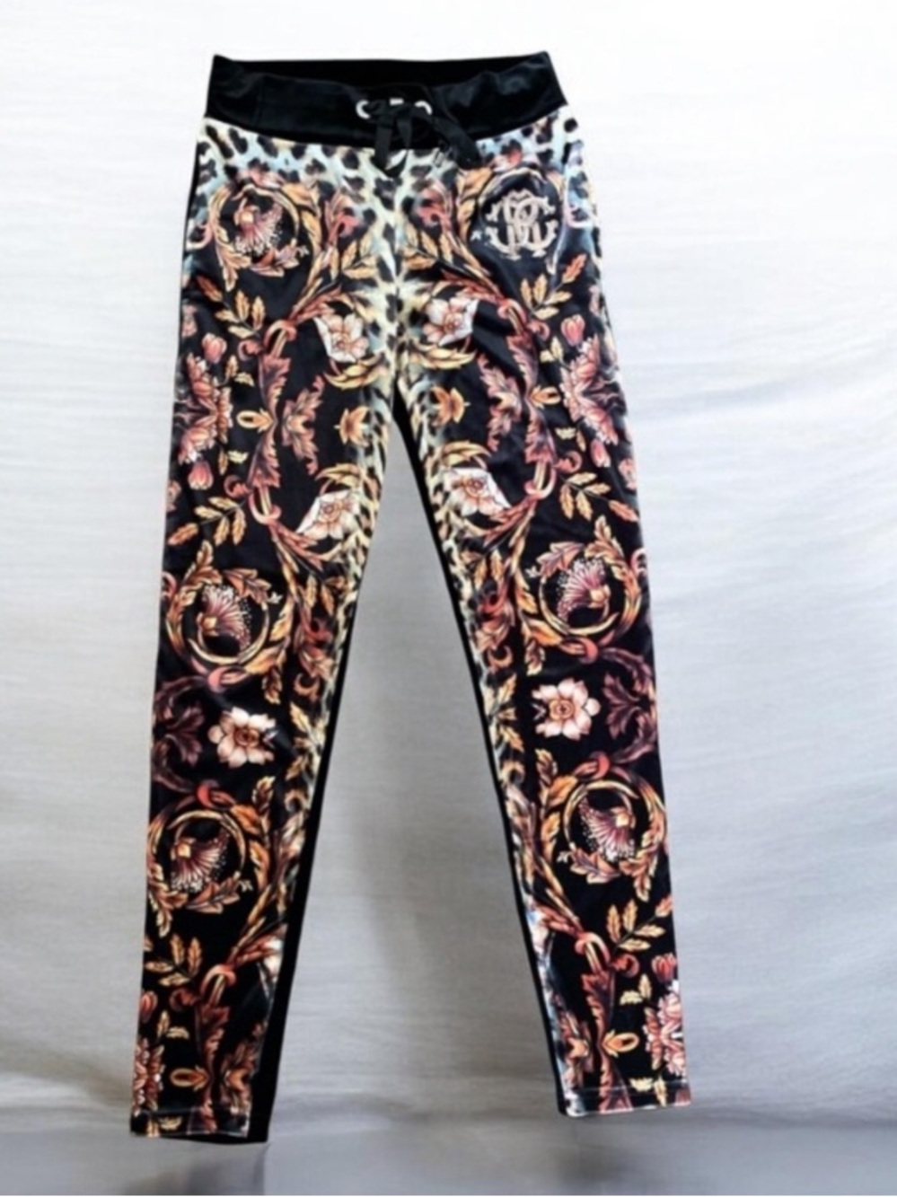 NWOT Robert Cavalli Cotton Licra Black Velvet Floral Legging Jogger Size S